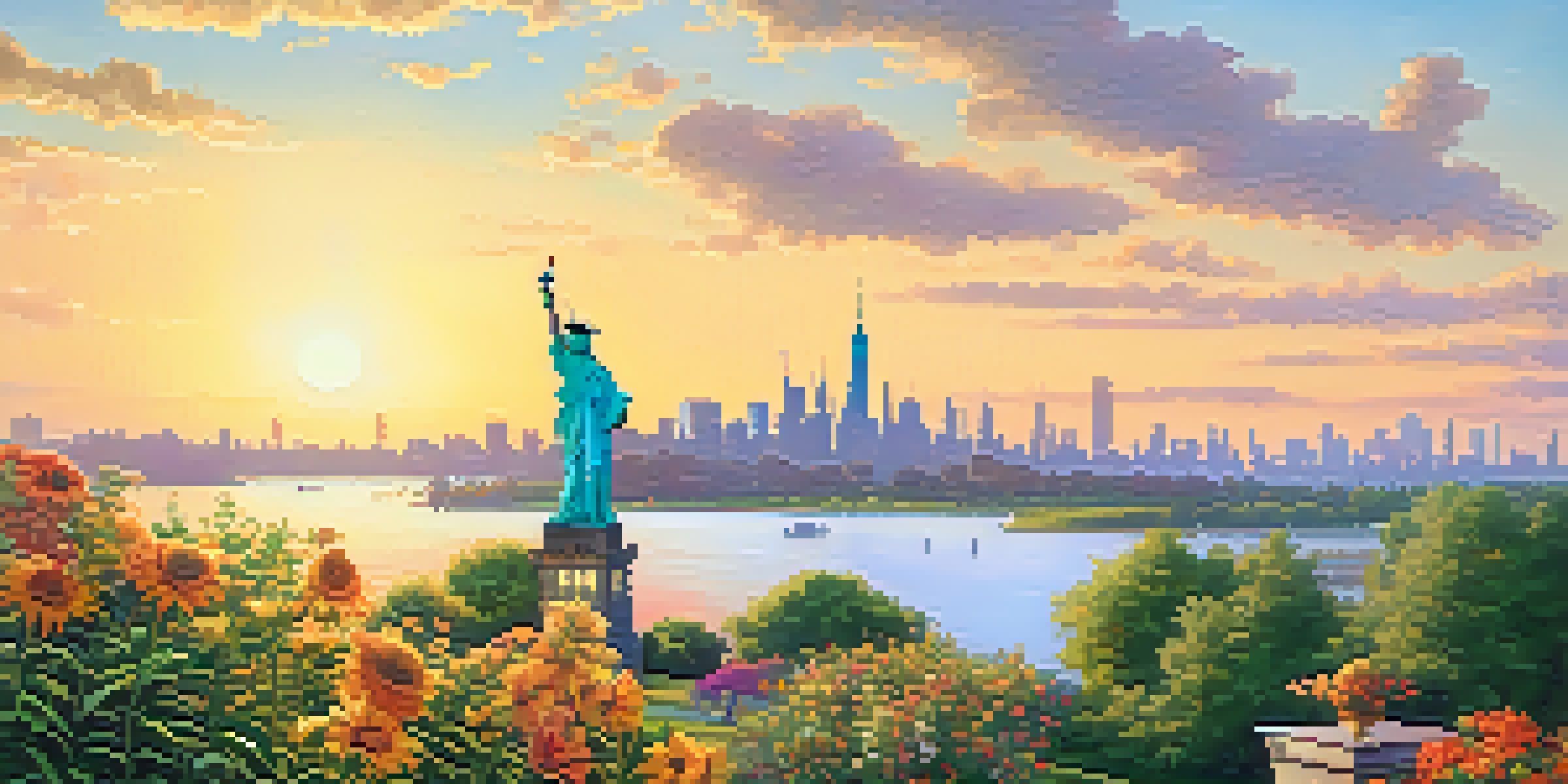 A vibrant sunrise view of Liberty State Park with lush greenery, walking paths, and the Statue of Liberty in the background.