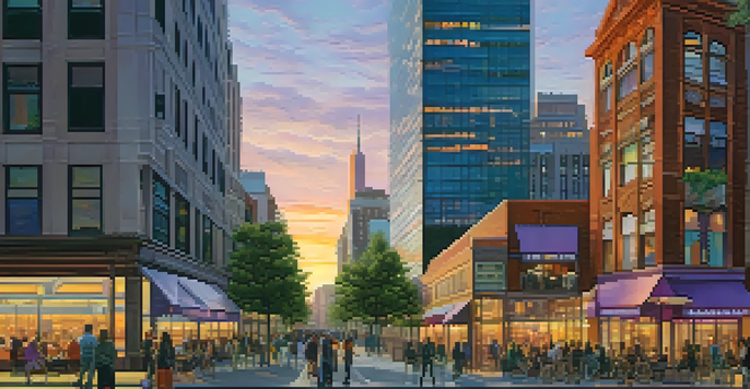 A sunset view of Jersey City's skyline with modern skyscrapers and a busy street filled with people and cafes.