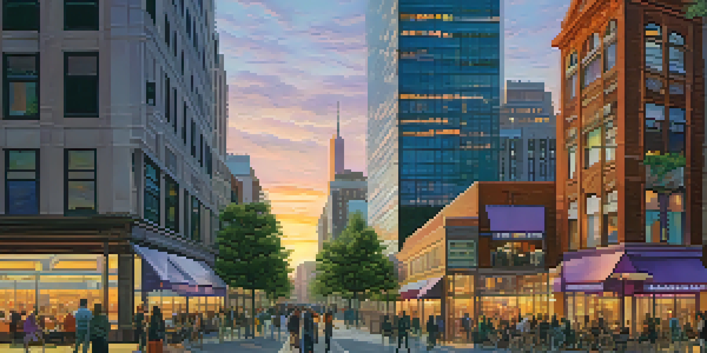 A sunset view of Jersey City's skyline with modern skyscrapers and a busy street filled with people and cafes.