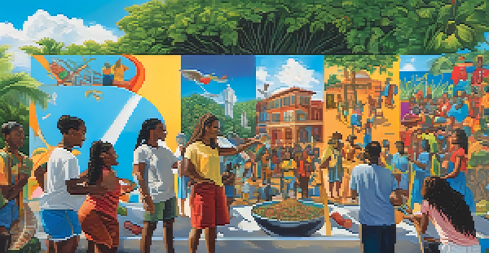 A colorful community mural being painted by artists of diverse backgrounds, with bright colors and cultural symbols under a blue sky.