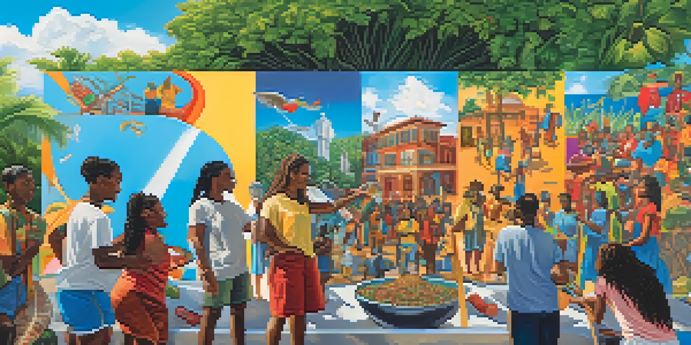 A colorful community mural being painted by artists of diverse backgrounds, with bright colors and cultural symbols under a blue sky.