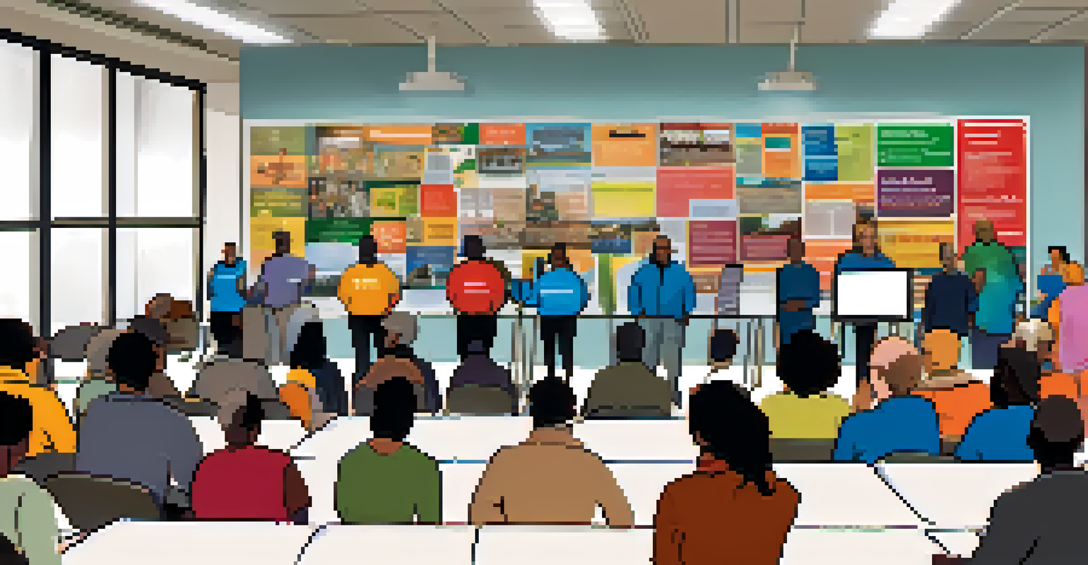 Community members participating in a public forum at a community center in Jersey City, with a presentation on urban development visible on a screen.