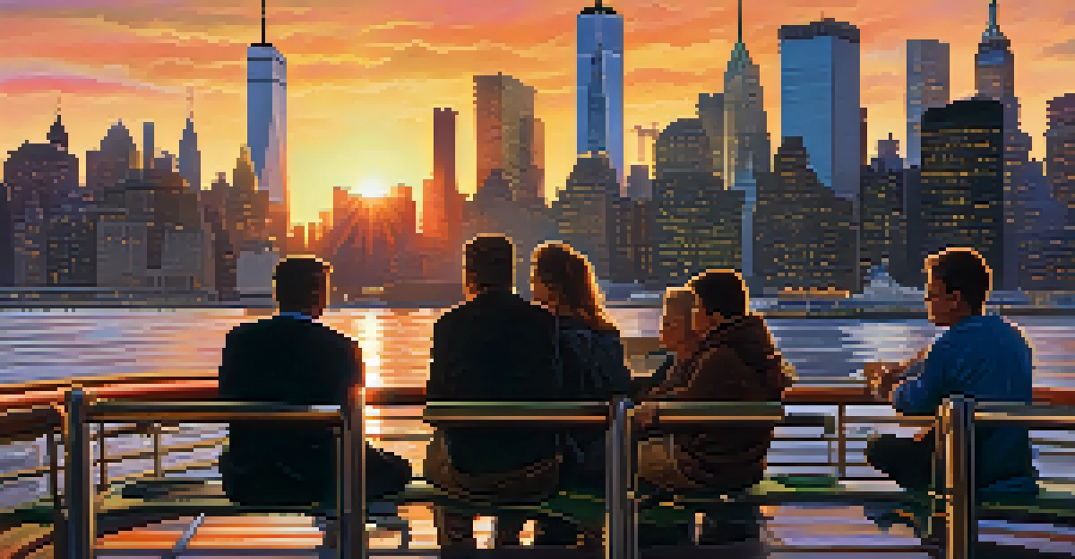 A picturesque ferry ride on the Hudson River at sunset, with passengers enjoying the view of the Manhattan skyline and colorful reflections on the water.