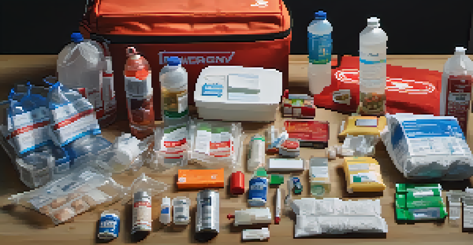 An organized emergency kit on a table, showcasing essential supplies like water, food, and first-aid items.