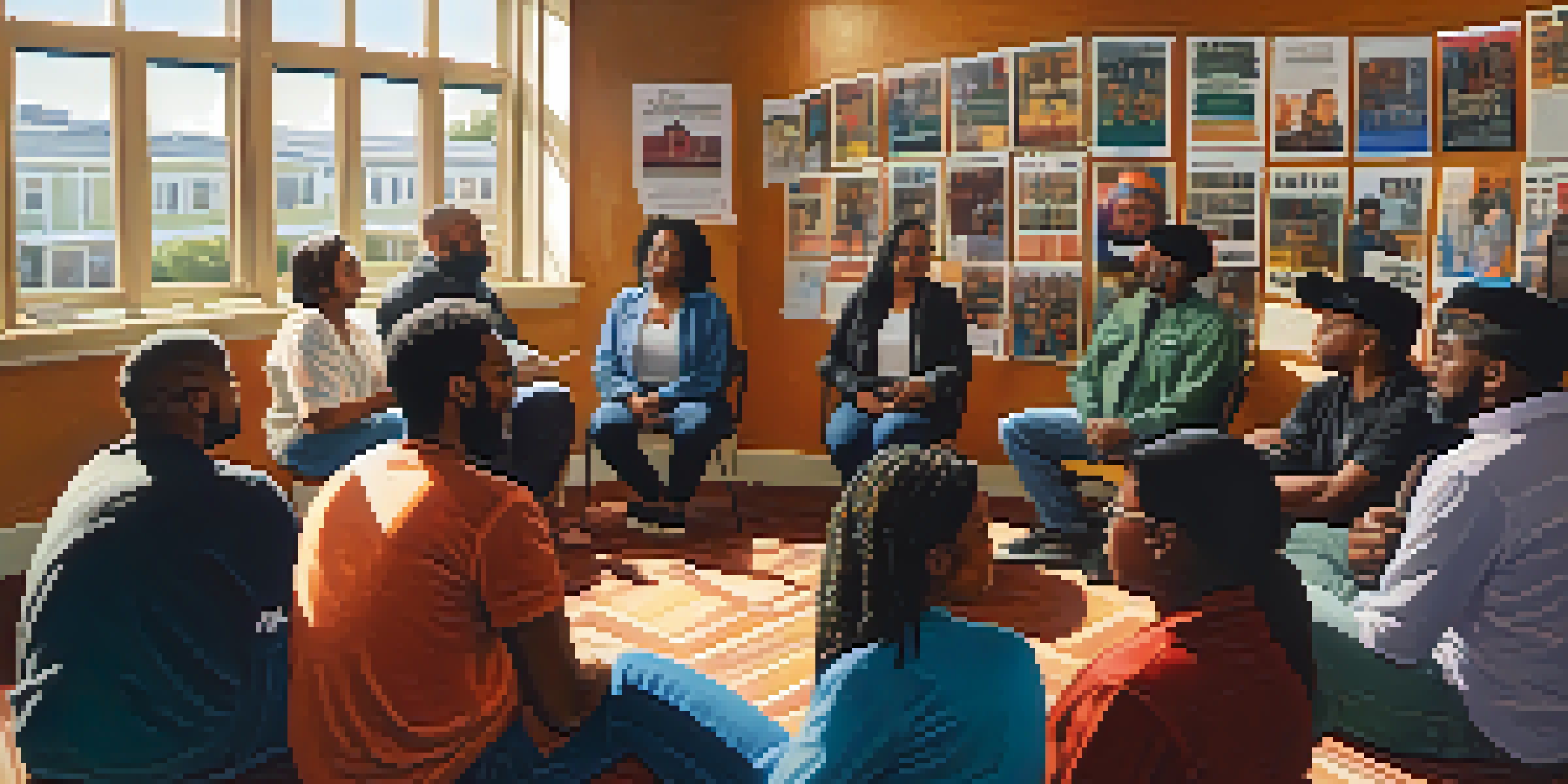 A diverse group of people sitting in a circle in a well-lit room, discussing housing rights with posters on the walls.