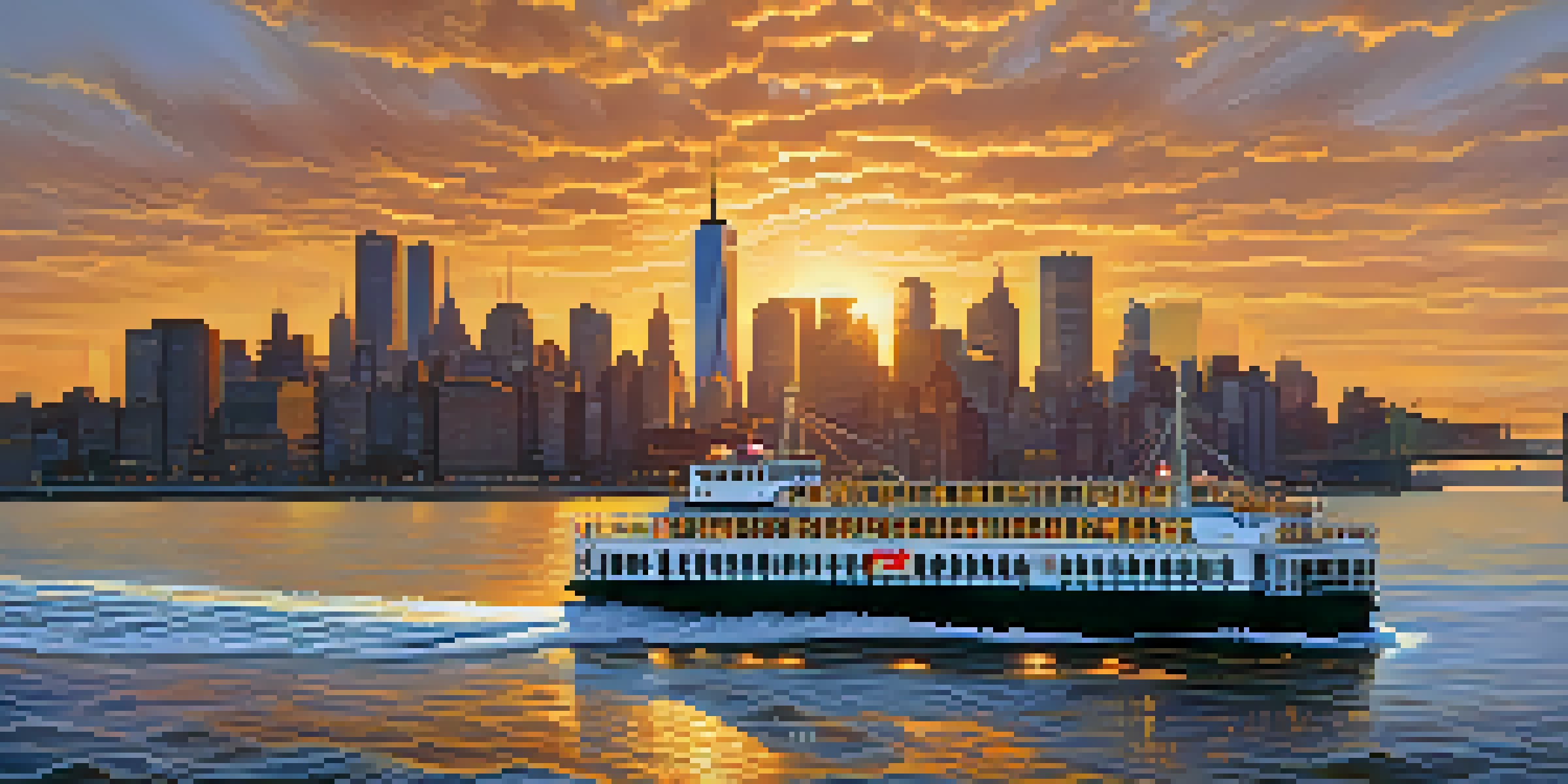 A Jersey City ferry sailing on the Hudson River during sunset with the Manhattan skyline in the background.