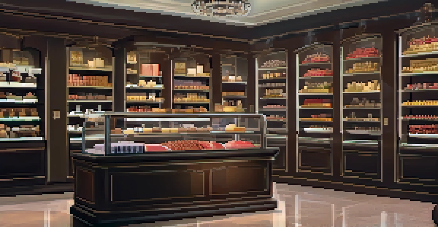 A charming dessert shop corner with a display of handcrafted chocolates and a customer selecting their favorites.