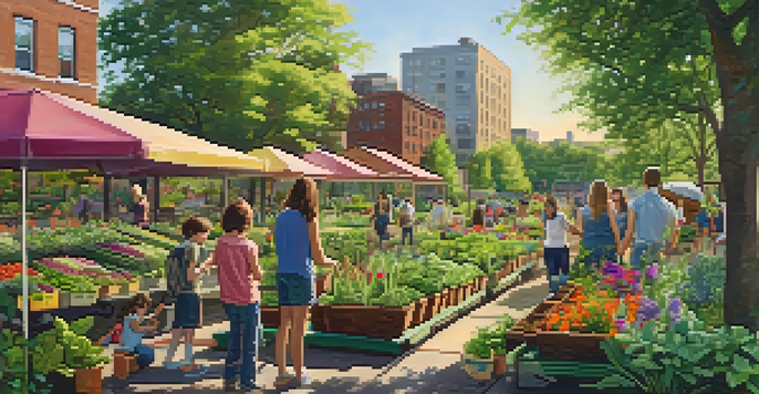 A lively community garden with residents planting and enjoying the outdoors in Jersey City, surrounded by colorful flowers and vegetables.