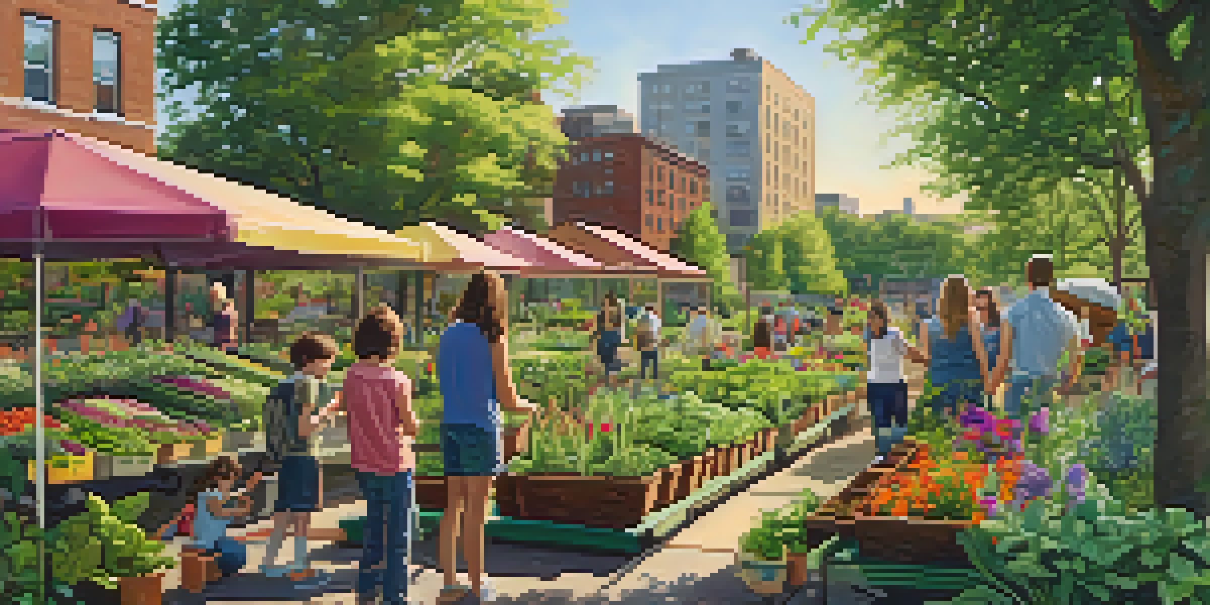 A lively community garden with residents planting and enjoying the outdoors in Jersey City, surrounded by colorful flowers and vegetables.