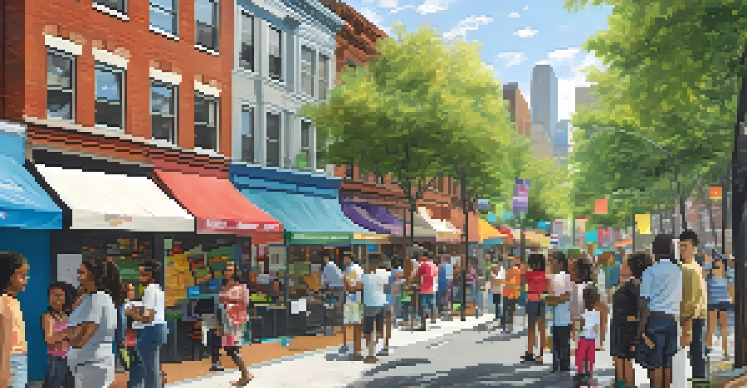 A community engagement event in Jersey City, with residents discussing urban planning ideas around a pop-up booth and colorful banners.