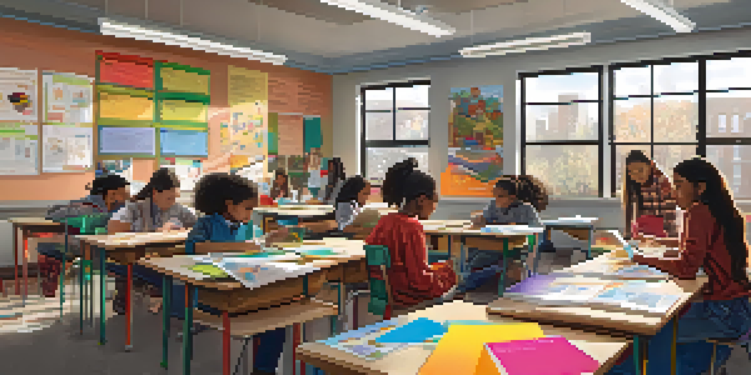 A diverse group of students working together on a project in a bright classroom, surrounded by educational materials and posters.