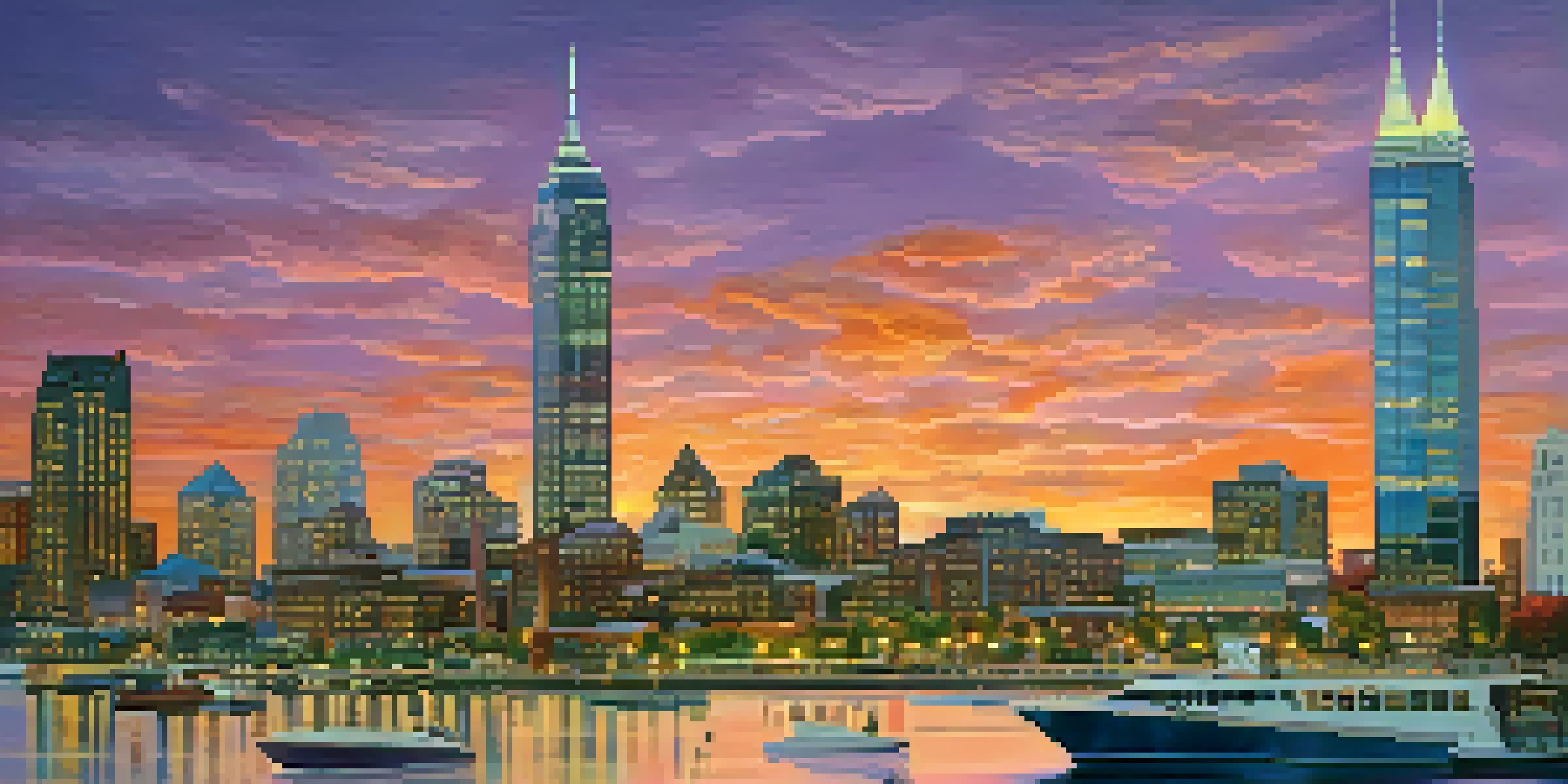A vibrant sunset view of Jersey City's skyline with modern skyscrapers and historic buildings, seen from a waterfront park.