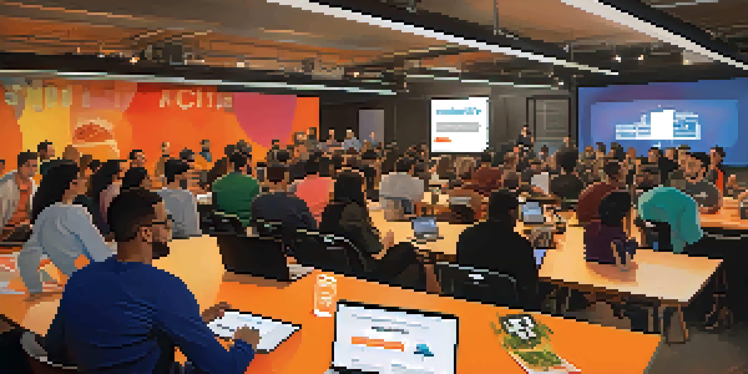 A lively gathering of diverse tech enthusiasts at the Jersey City Tech Meetup, with laptops and a projector in a modern venue.