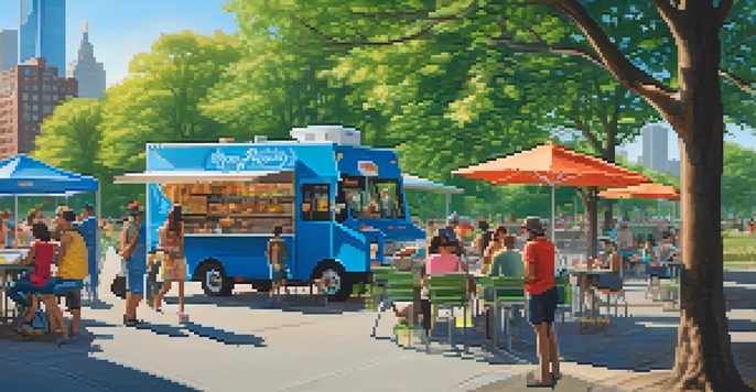 A lively park filled with various food trucks offering diverse cuisines, with people dining at picnic tables and the Manhattan skyline in the background.
