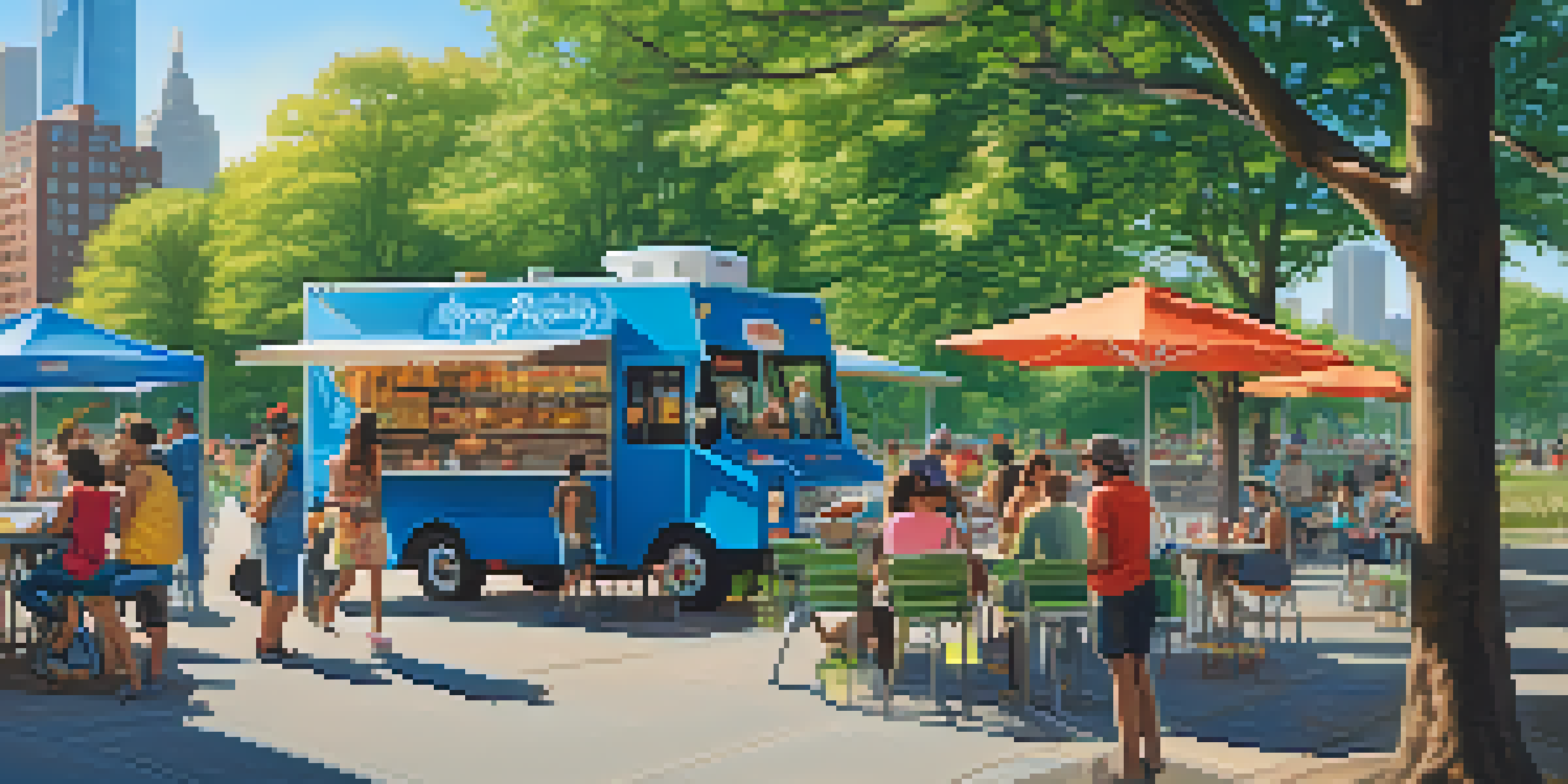A lively park filled with various food trucks offering diverse cuisines, with people dining at picnic tables and the Manhattan skyline in the background.