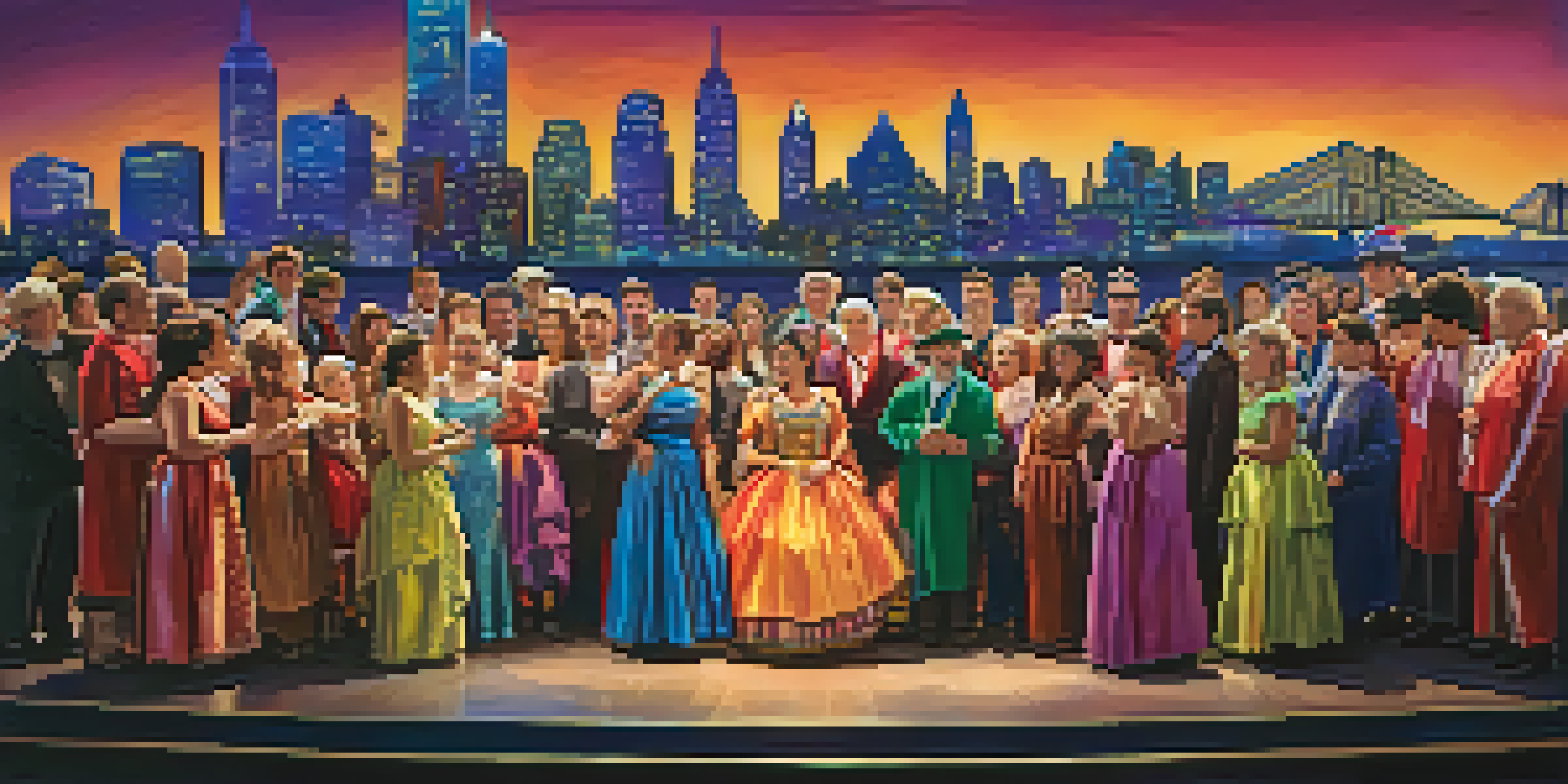 Actors in colorful costumes performing on a theater stage with a city skyline backdrop, audience captivated.