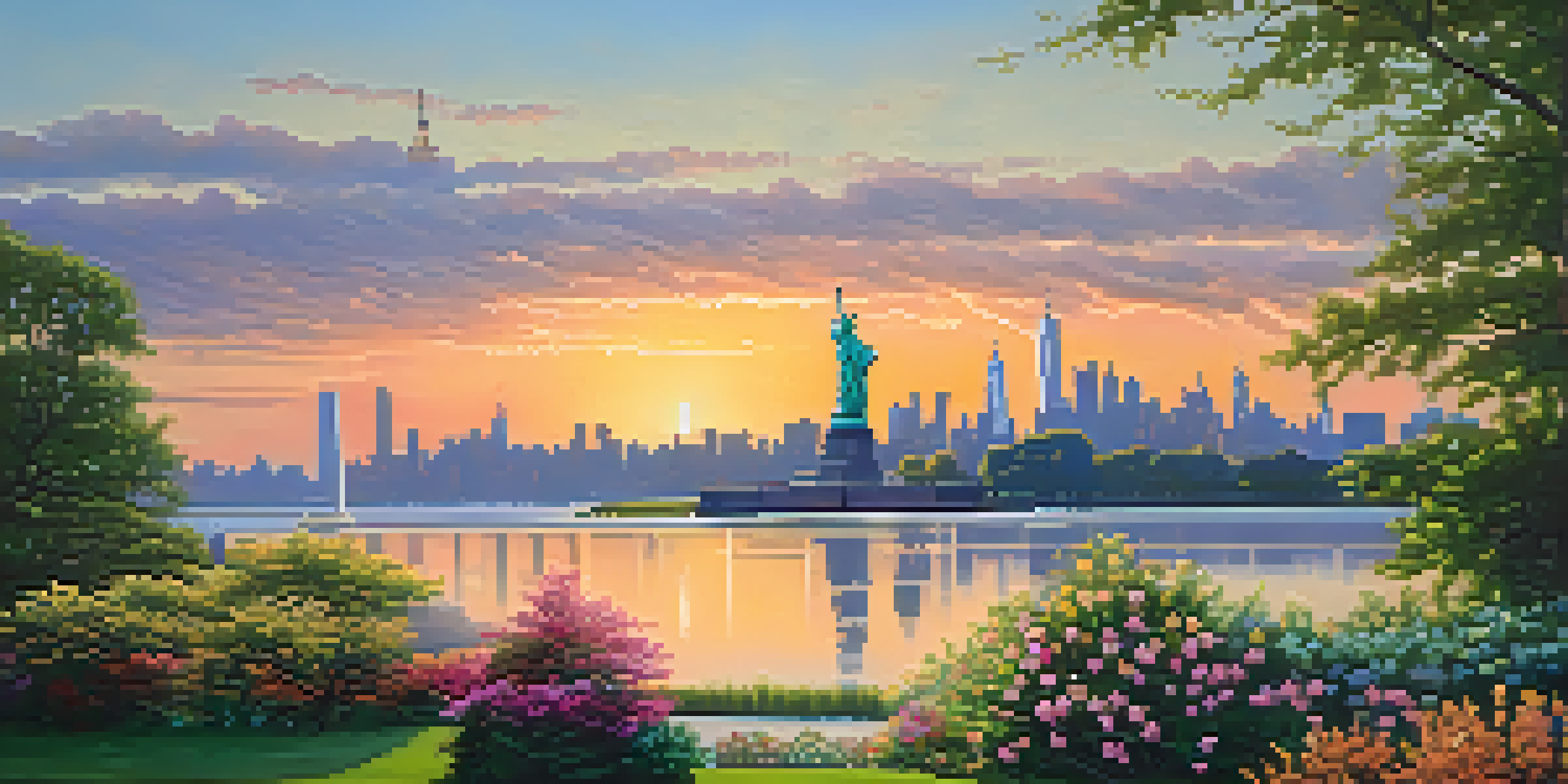 A sunrise view of Liberty State Park with vibrant sky colors reflecting over the Hudson River, green grass in the foreground, and the Manhattan skyline and Statue of Liberty in the background.