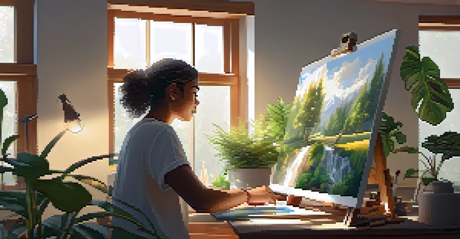 An artist in a bright studio creating digital art, surrounded by canvases and art supplies, with sunlight streaming through a window.