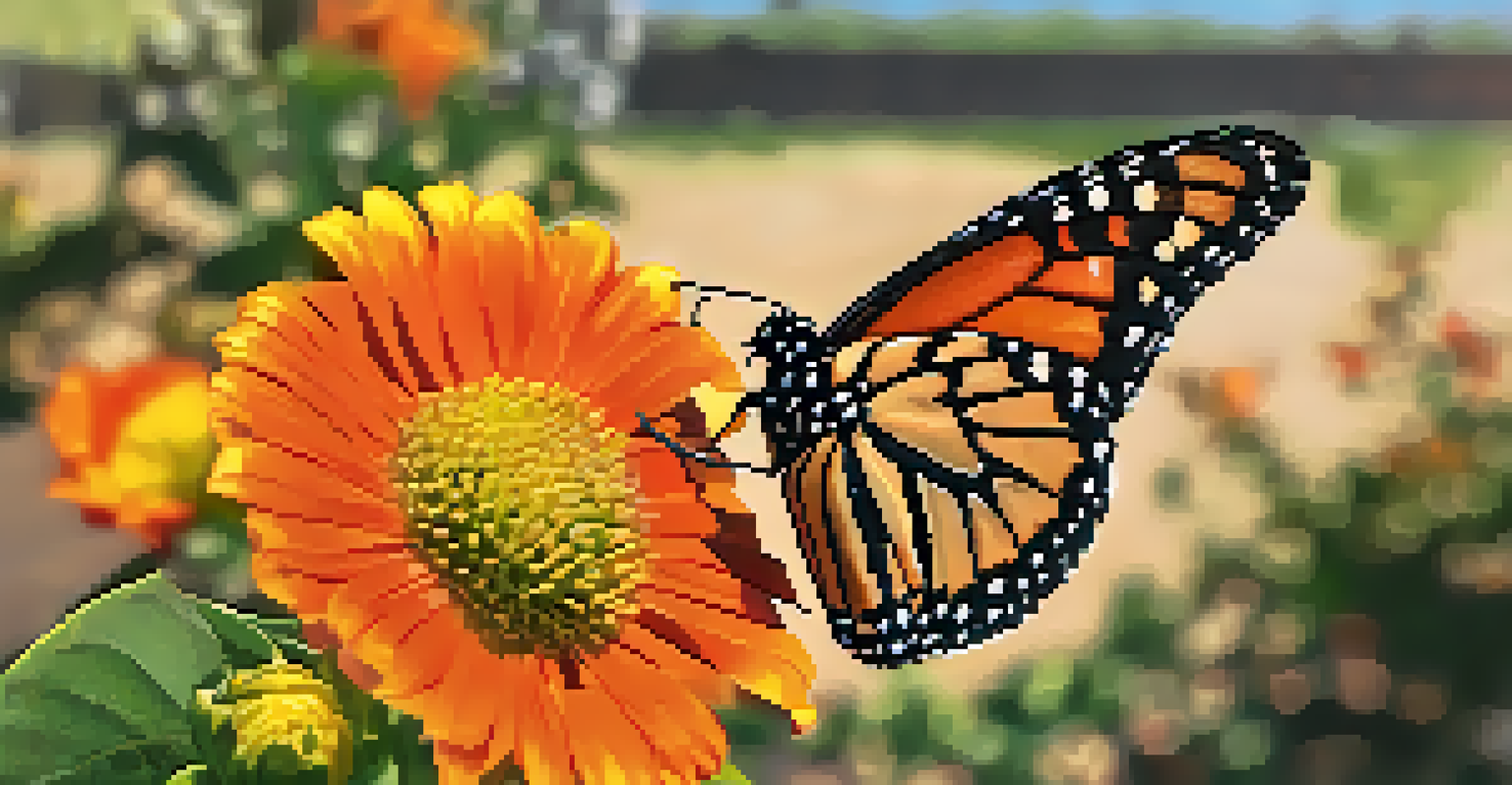 A Monarch Butterfly sits on a flower, showcasing its bright orange and black wings amidst colorful blossoms.