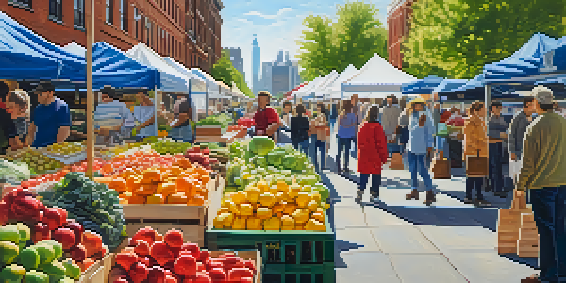 A bustling farmer's market in Jersey City with colorful fruits and vegetables, people interacting, and urban buildings in the background.