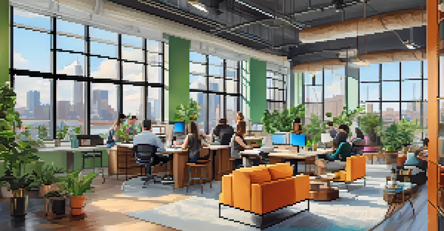 A modern co-working space in Jersey City with bright decor, large windows, and people working together.