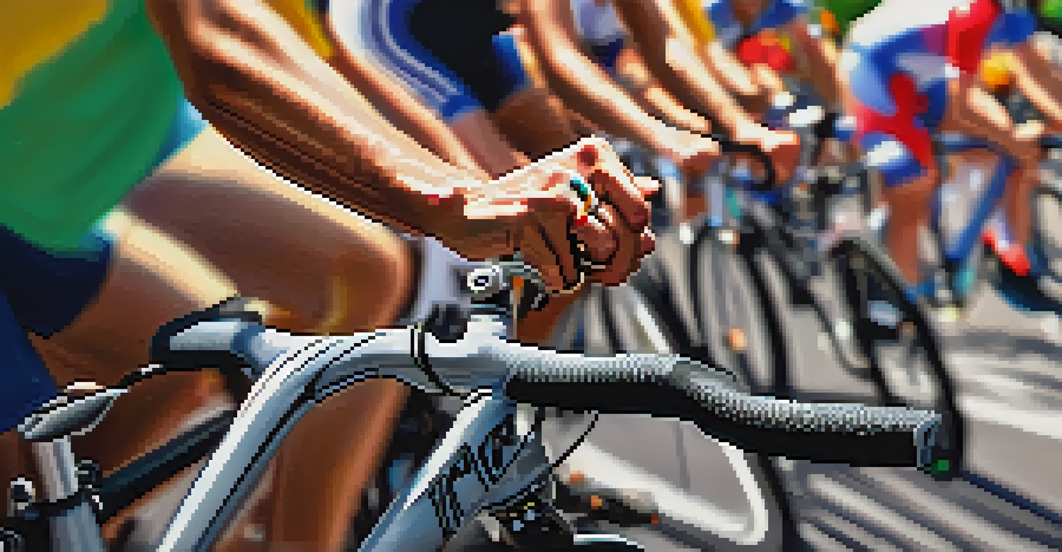 Close-up of a cyclist's hands on handlebars, with blurred cyclists and spectators in the background during a Jersey City cycling event.