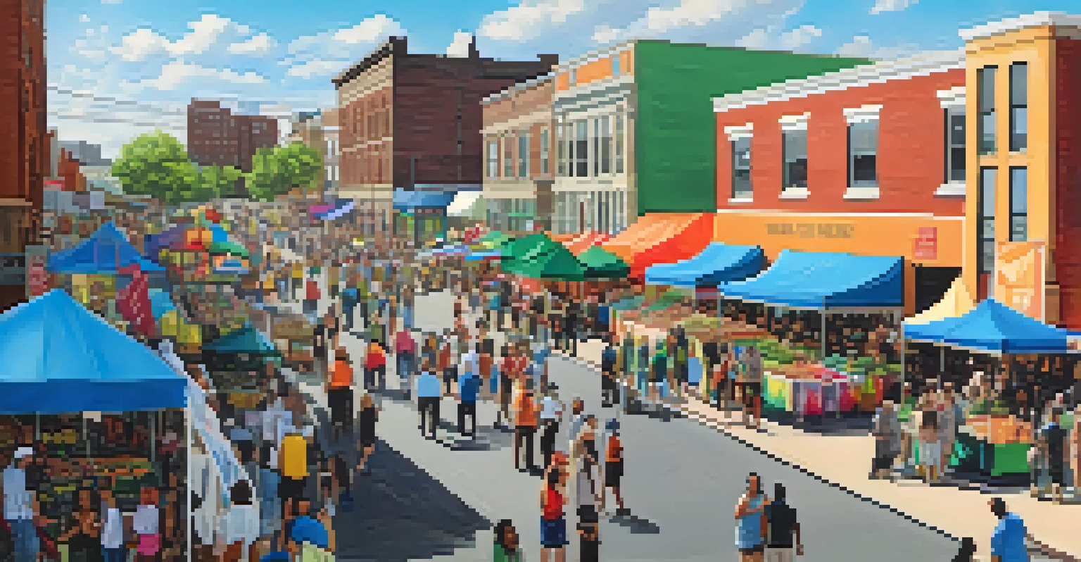 A lively community market in Jersey City with local vendors and a diverse crowd.