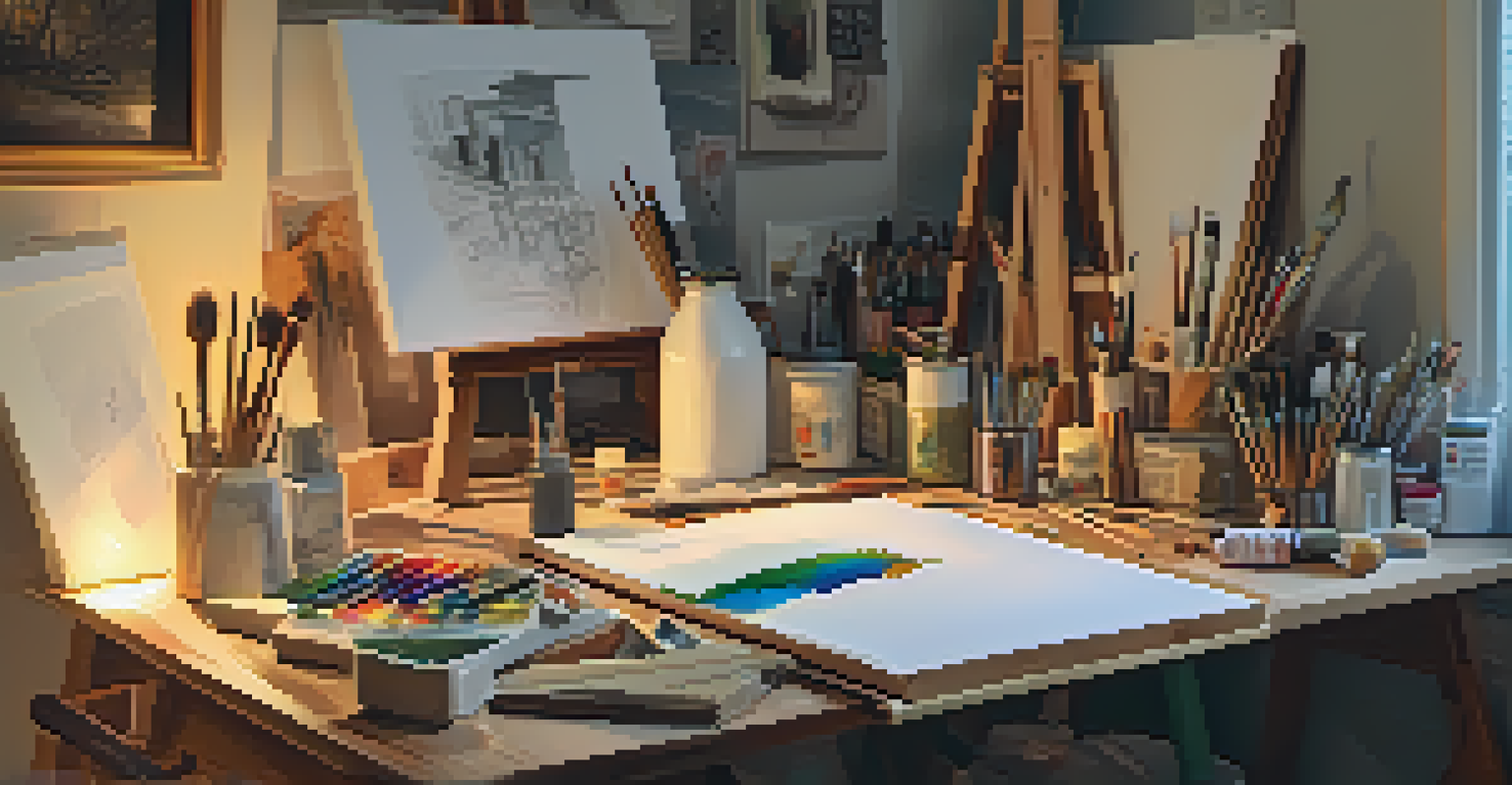 A close-up view of an artist's studio with an easel, paints, and sketches, showcasing the artistic process.