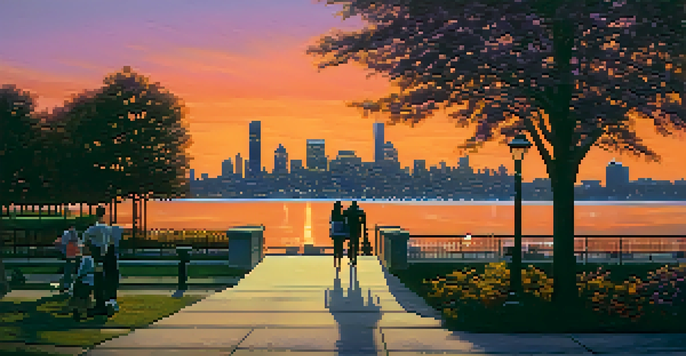 A beautiful sunset view of the Jersey City waterfront with the Manhattan skyline in the background and a couple walking hand in hand.