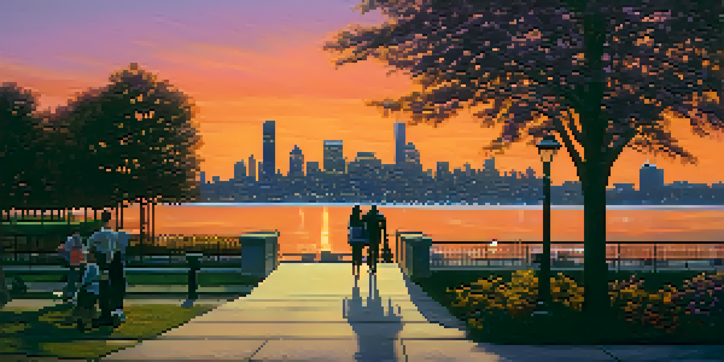 A beautiful sunset view of the Jersey City waterfront with the Manhattan skyline in the background and a couple walking hand in hand.
