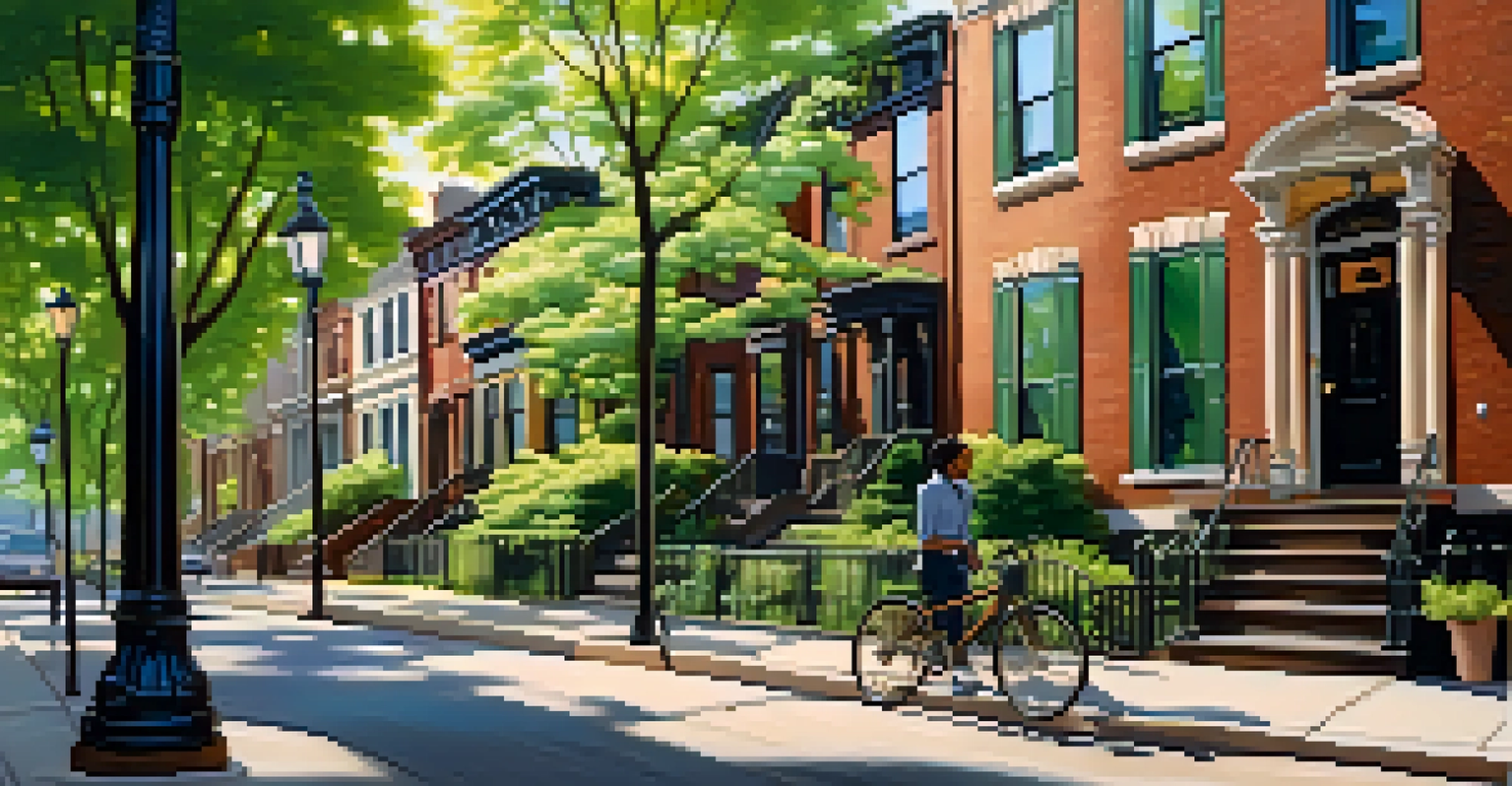 A quiet street in Jersey City with brownstone houses and trees, illuminated by morning light, featuring a bicycle and a dog.