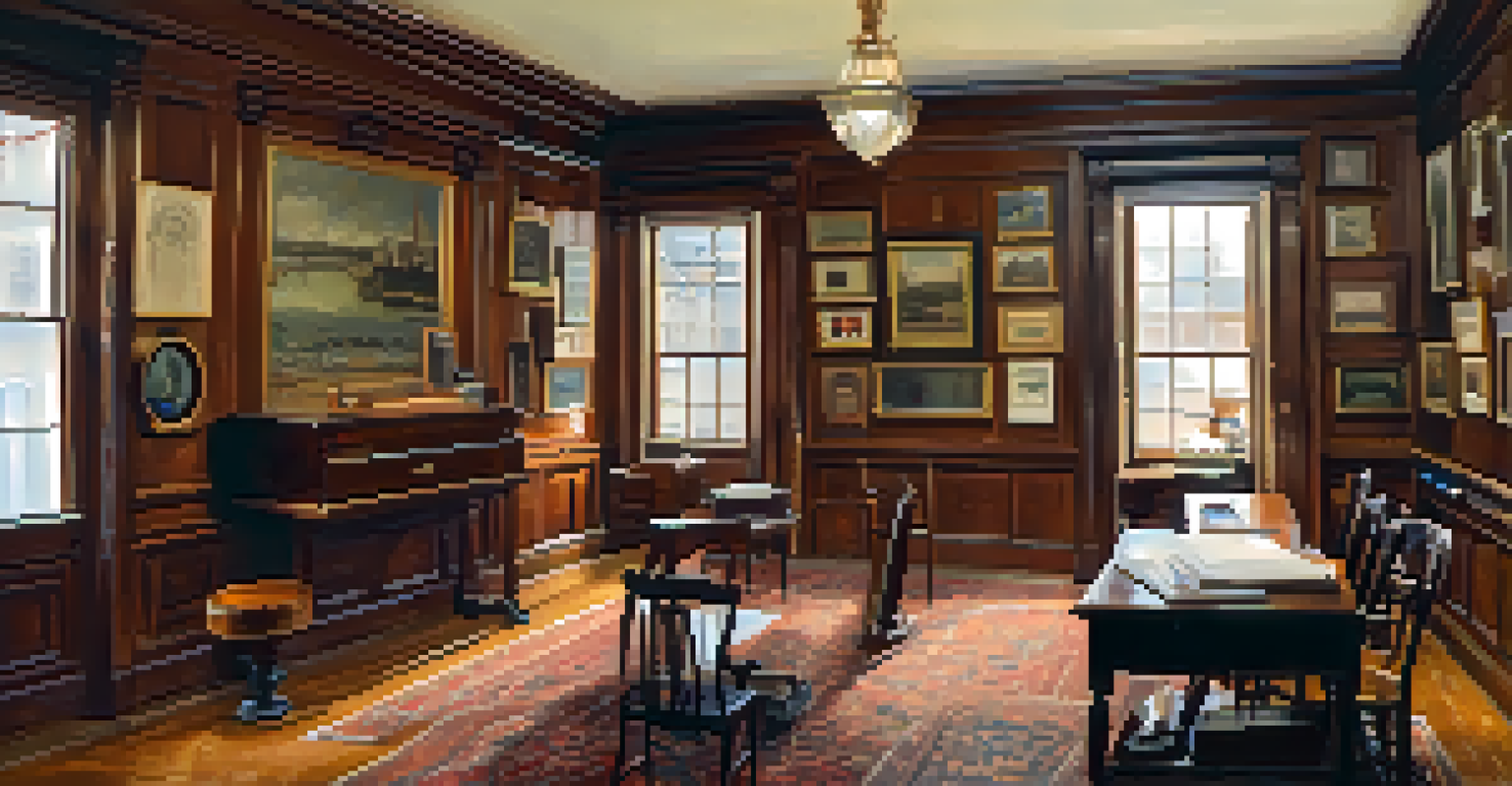 Interior view of the Jersey City Historical Society, showcasing artifacts and historical documents in a warmly lit room.