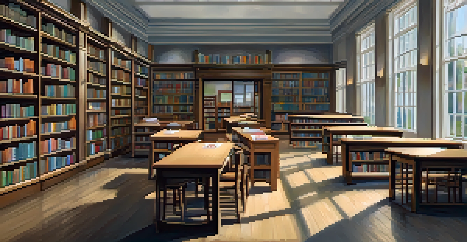 A cozy library with students studying, surrounded by bookshelves and a bulletin board displaying school events.