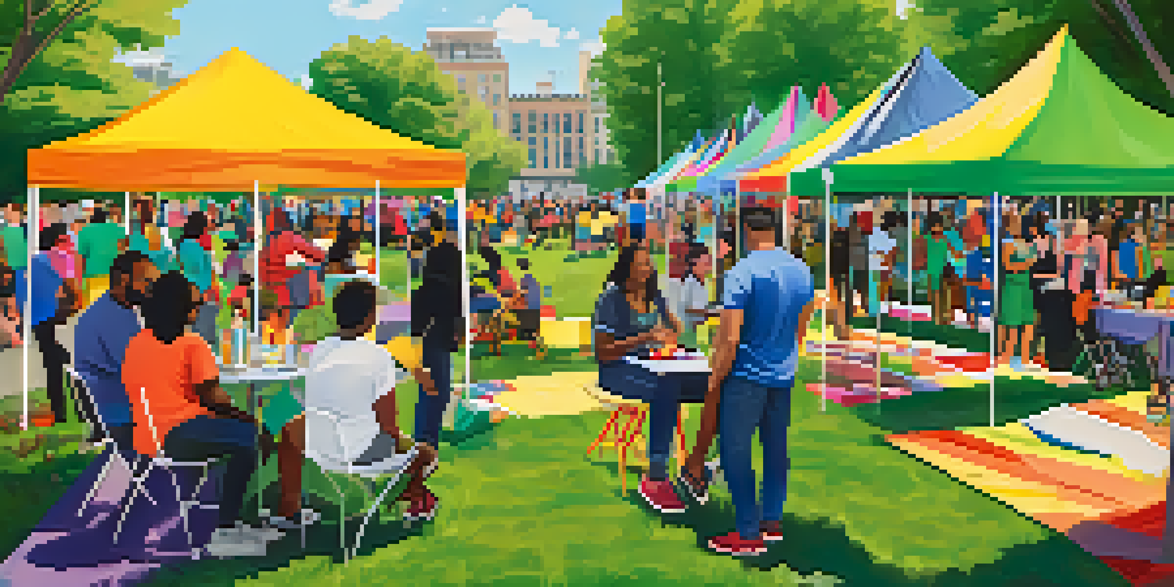 A lively mental health fair in a park with diverse attendees engaging at colorful booths, surrounded by greenery and bright sunlight.