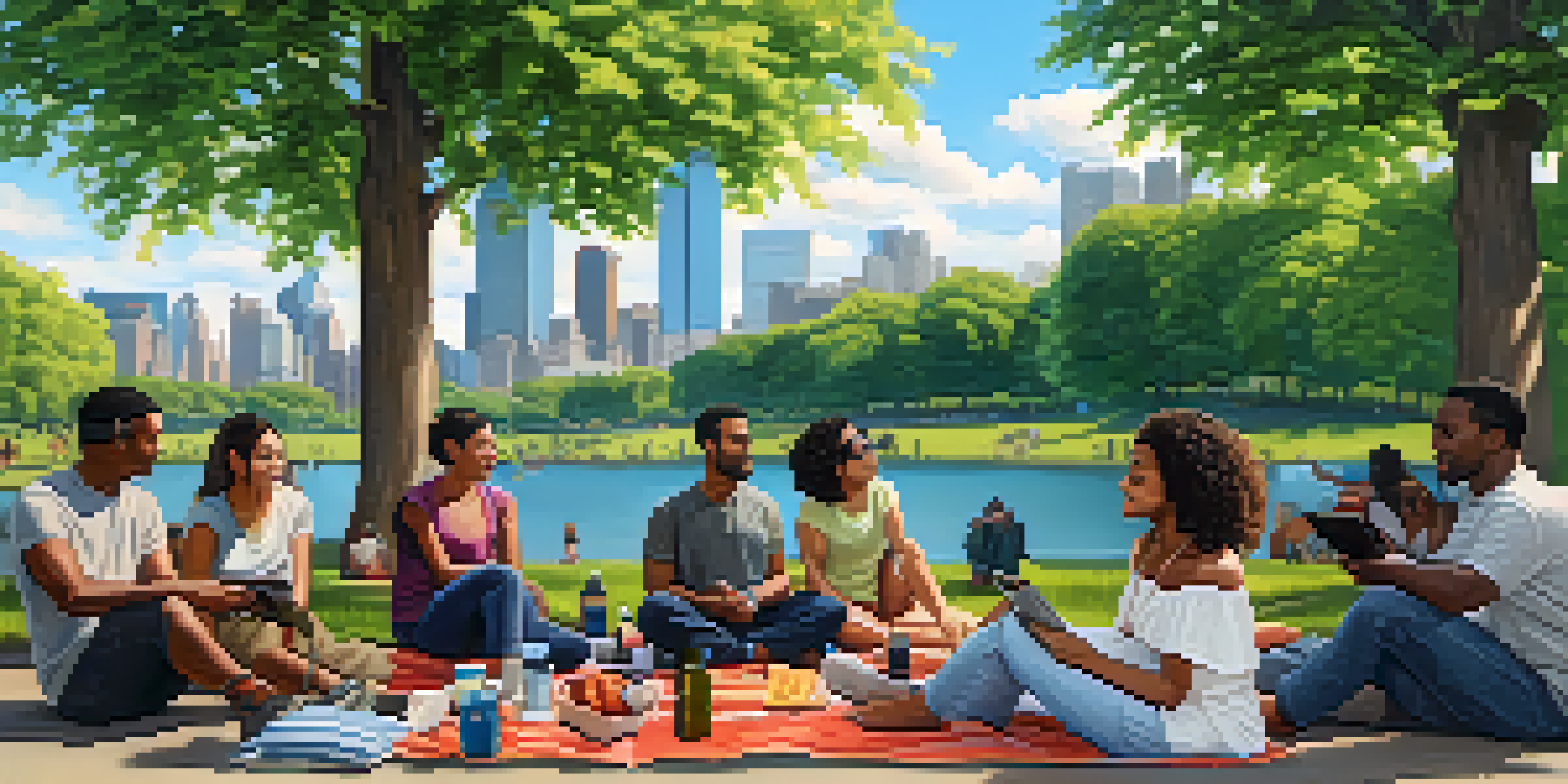 A diverse group of people in a park listening to podcasts, surrounded by greenery and the Jersey City skyline.