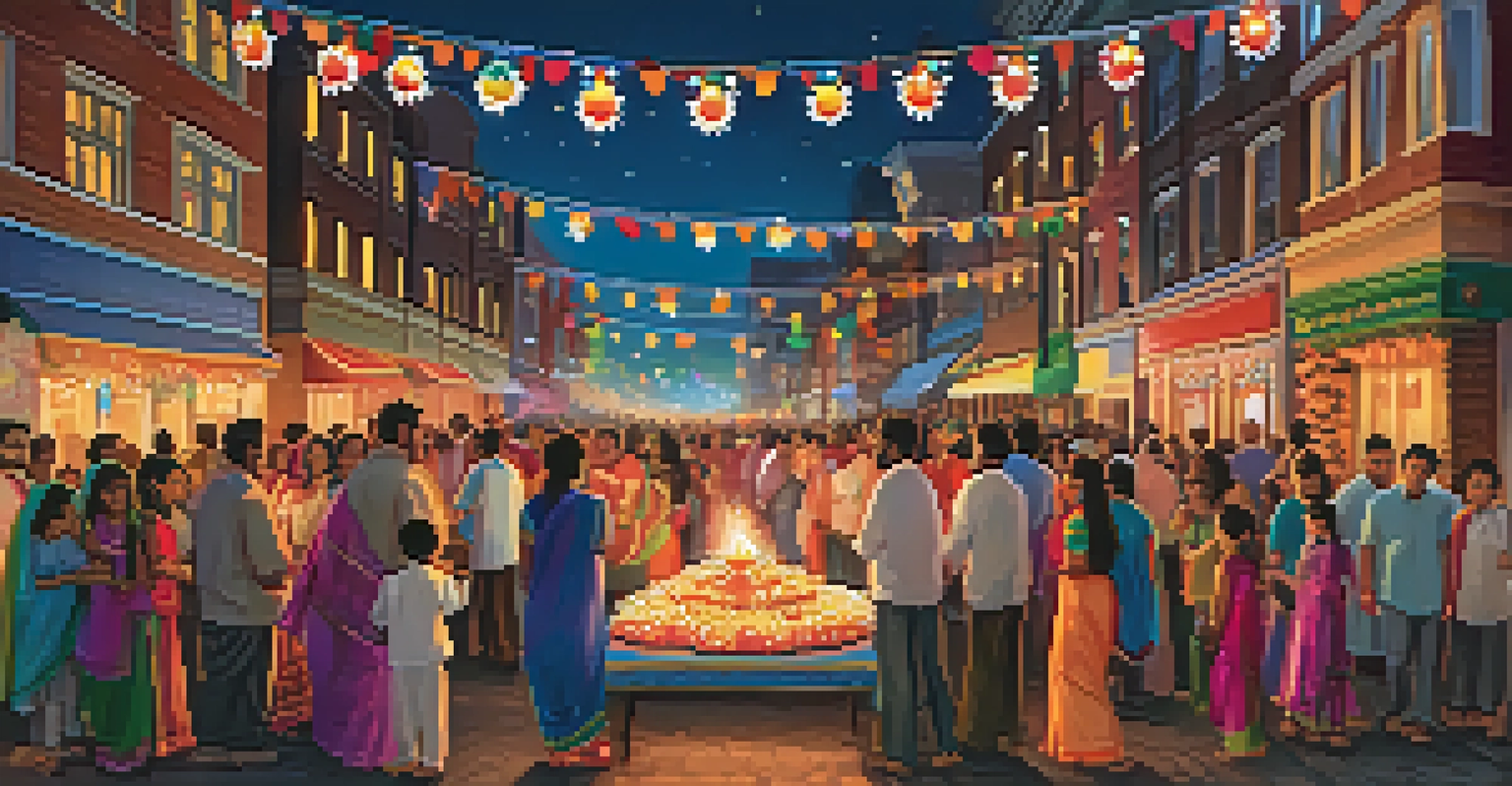 Families celebrating the Diwali Festival in Jersey City, lighting oil lamps and enjoying the festive atmosphere with colorful decorations.