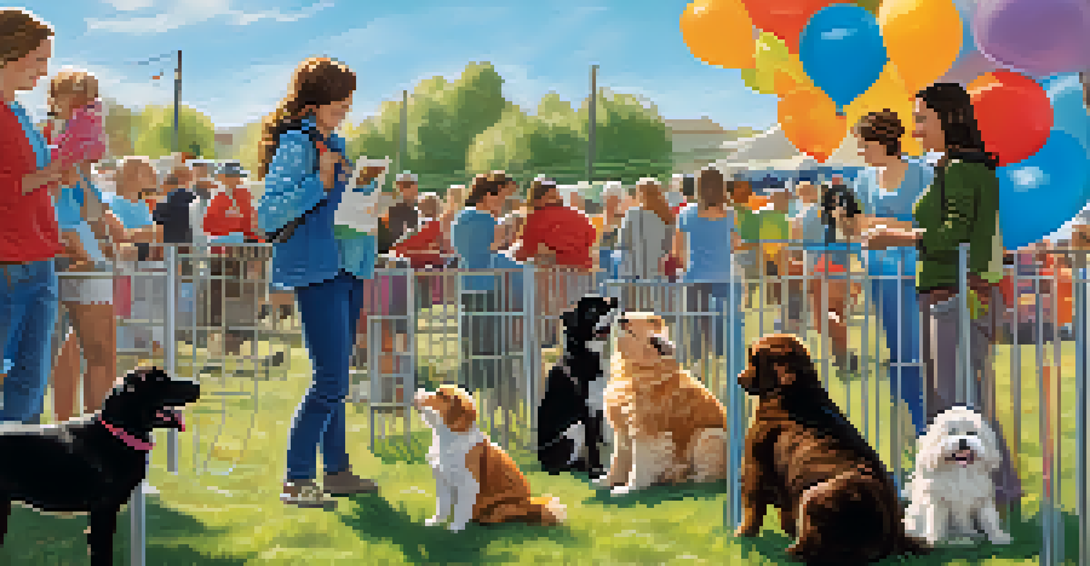 A lively outdoor pet adoption event with various dogs and cats, people interacting with animals, and colorful decorations.