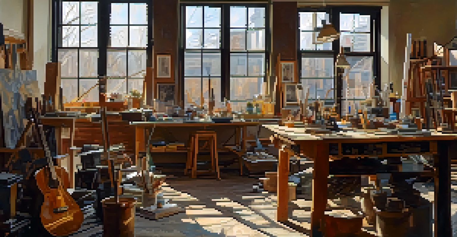 An artist working in a studio filled with sculptures and reclaimed materials, illuminated by sunlight.