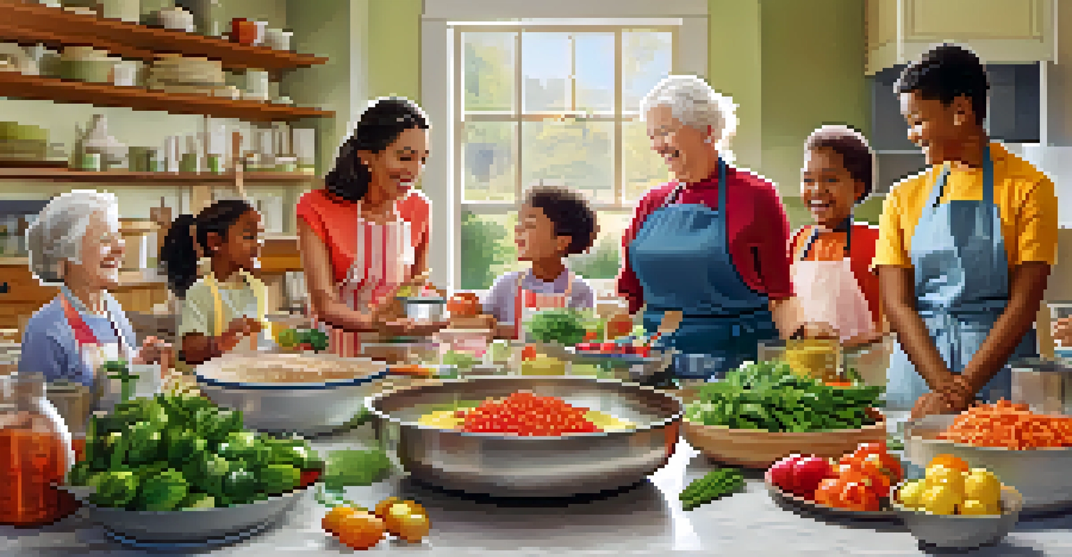 Seniors teaching children how to cook traditional recipes in a bright kitchen, surrounded by fresh ingredients and colorful dishes.