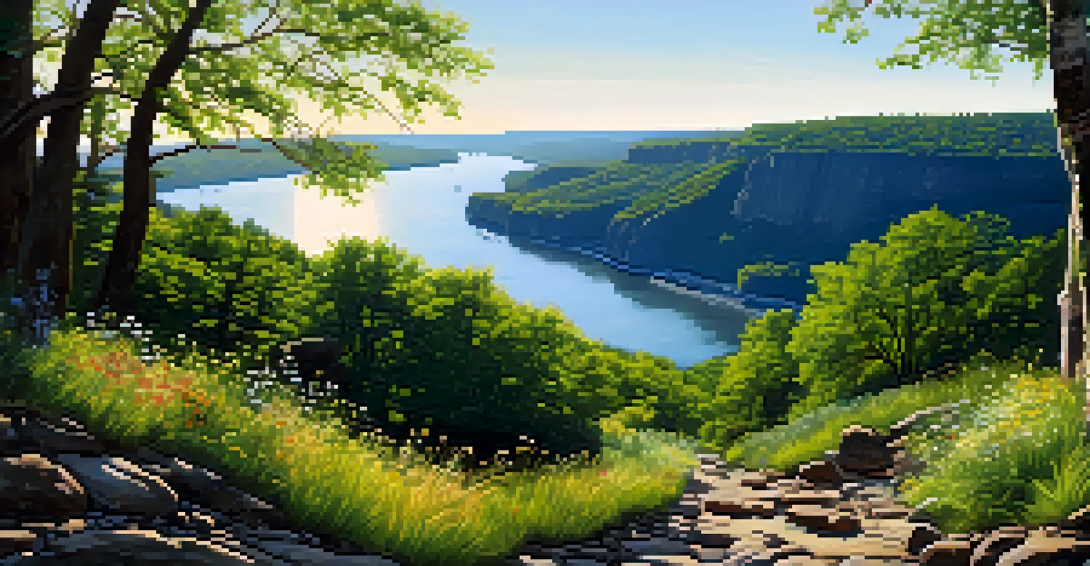 A hiking trail in the Palisades Interstate Park with rocky cliffs and a view of the Hudson River, surrounded by trees and wildflowers.