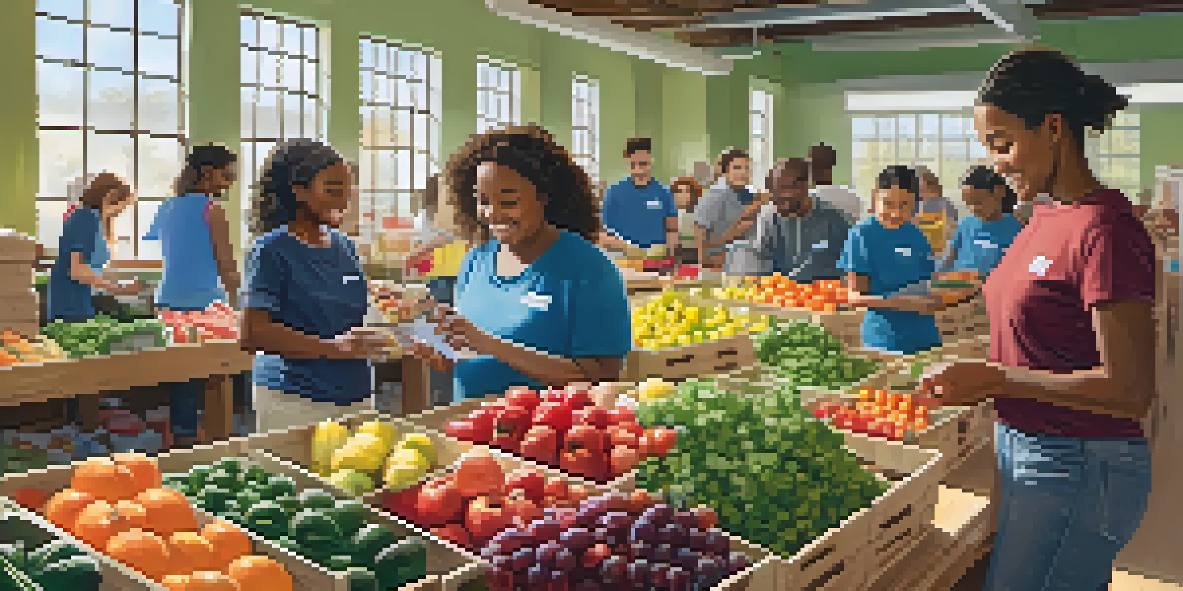 Volunteers sorting fresh produce and canned goods at a community food pantry, with sunlight streaming through a window.