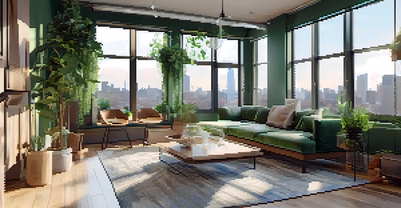 An interior view of a modern eco-friendly apartment with large windows, bamboo flooring, and a dedicated workspace.