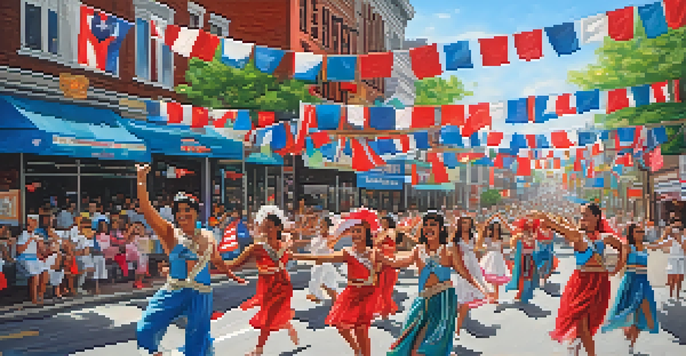 A lively street scene during the Puerto Rican Day Parade in Jersey City, featuring dancers in colorful costumes and festive floats.