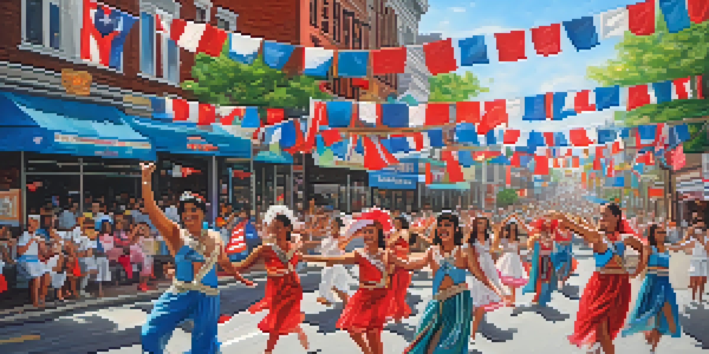 A lively street scene during the Puerto Rican Day Parade in Jersey City, featuring dancers in colorful costumes and festive floats.