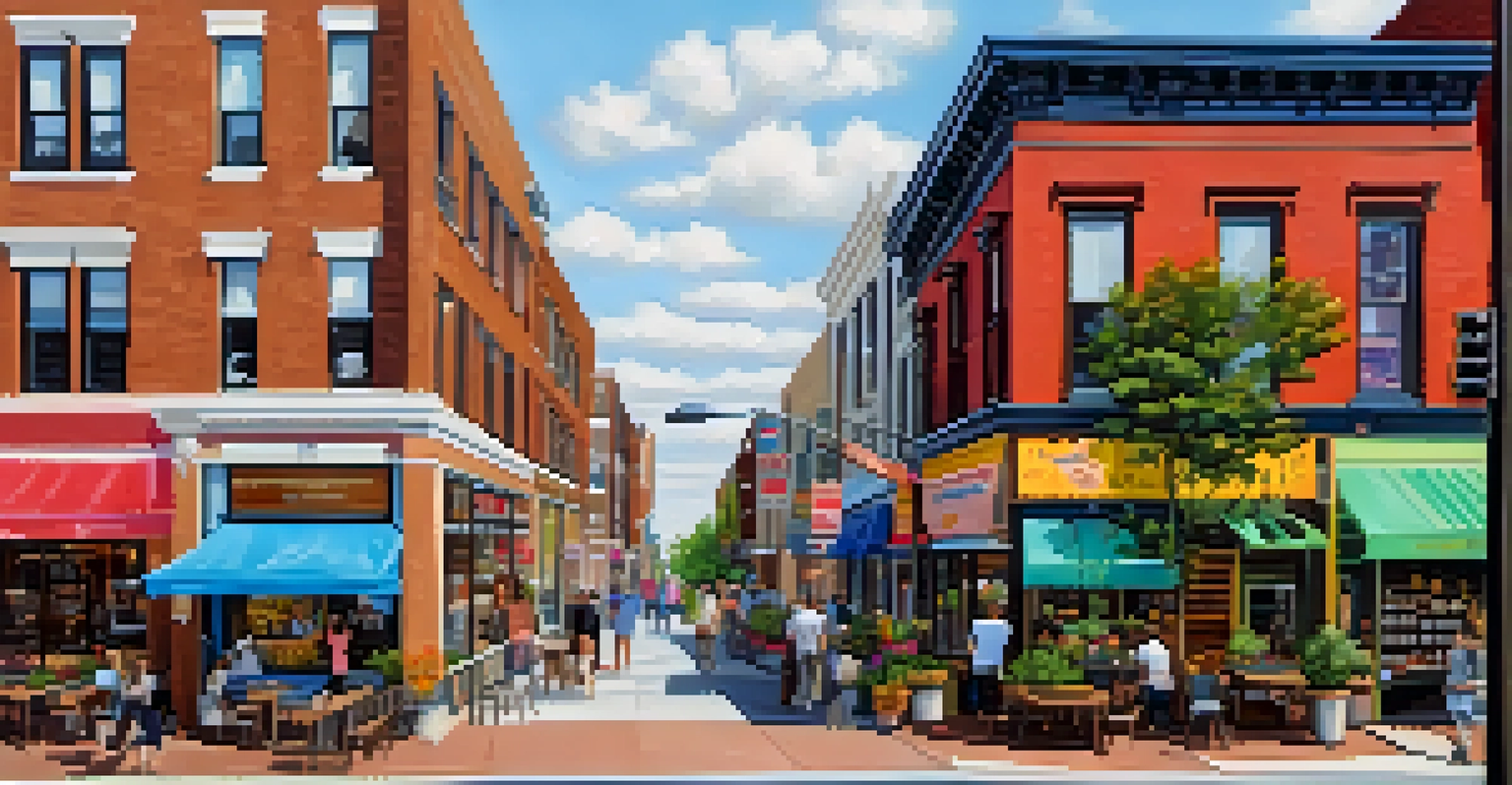 A lively street scene in Jersey City with colorful small businesses, diverse people, and greenery.