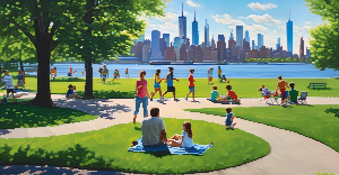 Families enjoying a sunny day in Liberty State Park with the Manhattan skyline in the background.
