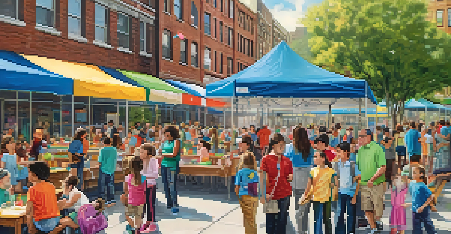 A lively school event with families and children engaging in activities, surrounded by colorful decorations and booths.