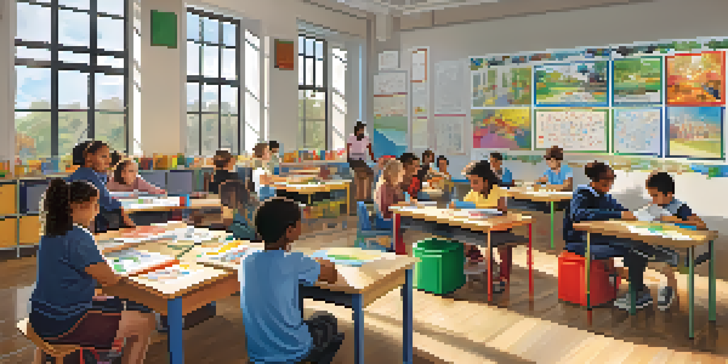 A vibrant classroom scene with diverse students working together on a project, surrounded by colorful decor and natural light.