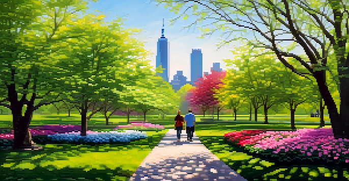 A couple walking along a scenic path in Liberty State Park surrounded by blooming flowers and lush trees under sunlight.