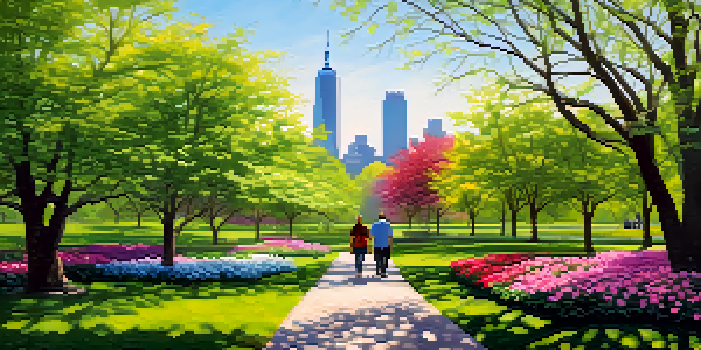 A couple walking along a scenic path in Liberty State Park surrounded by blooming flowers and lush trees under sunlight.